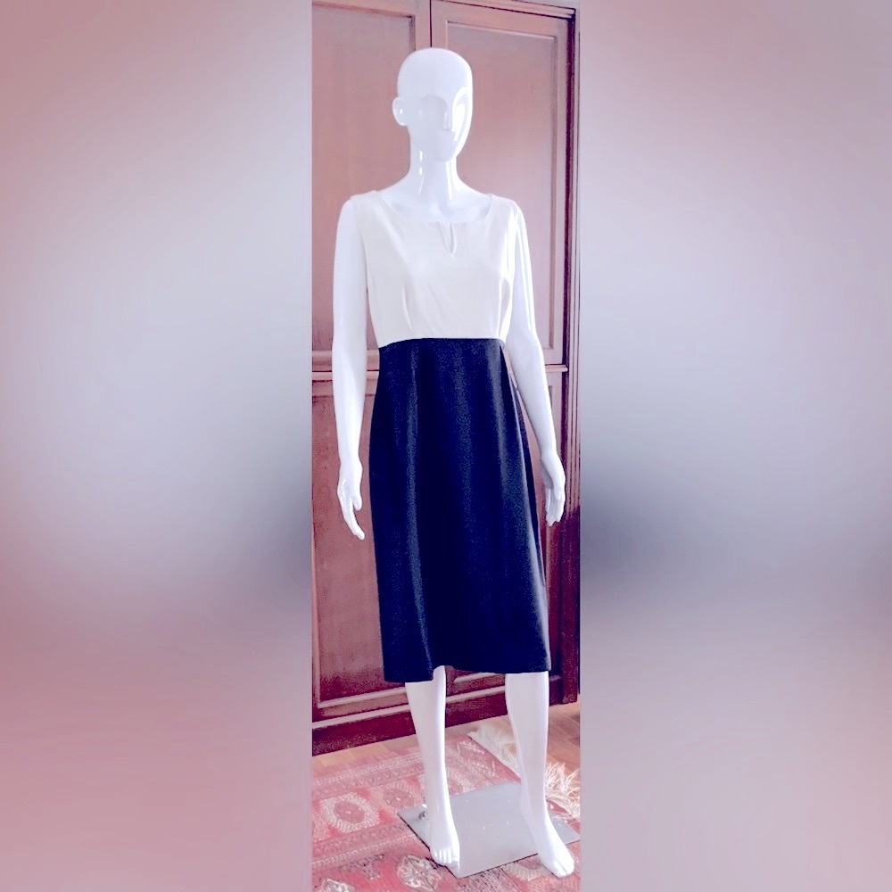 Navy blue & white straight pencil dress at knee sleeveless round neck mesh slit